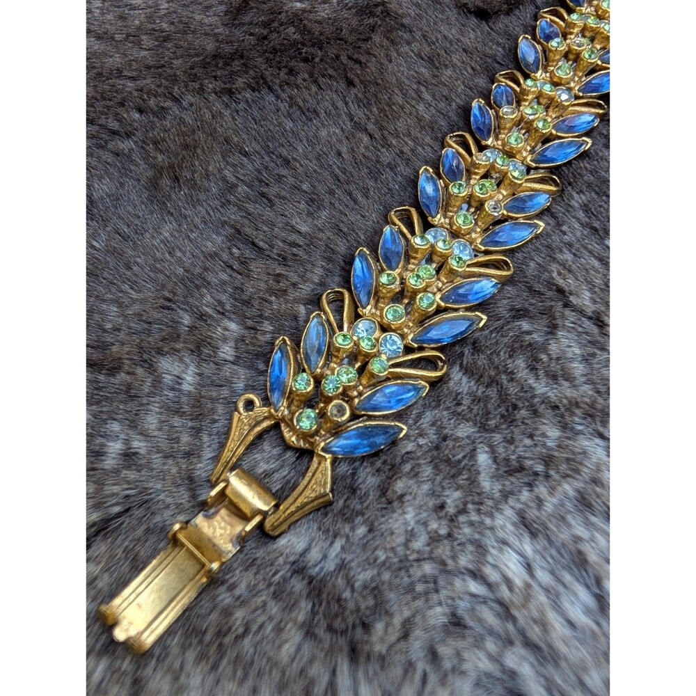 Vintage Florenza Blue Rhinestone Marquise Gold Tone Bracelet Signed Victorian